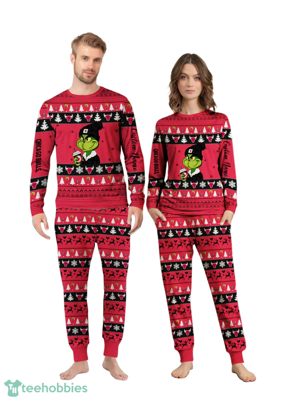 NBA Grinch Chicago Bulls Custom Name Christmas Knitting Pattern Matching Family Pajamas Set