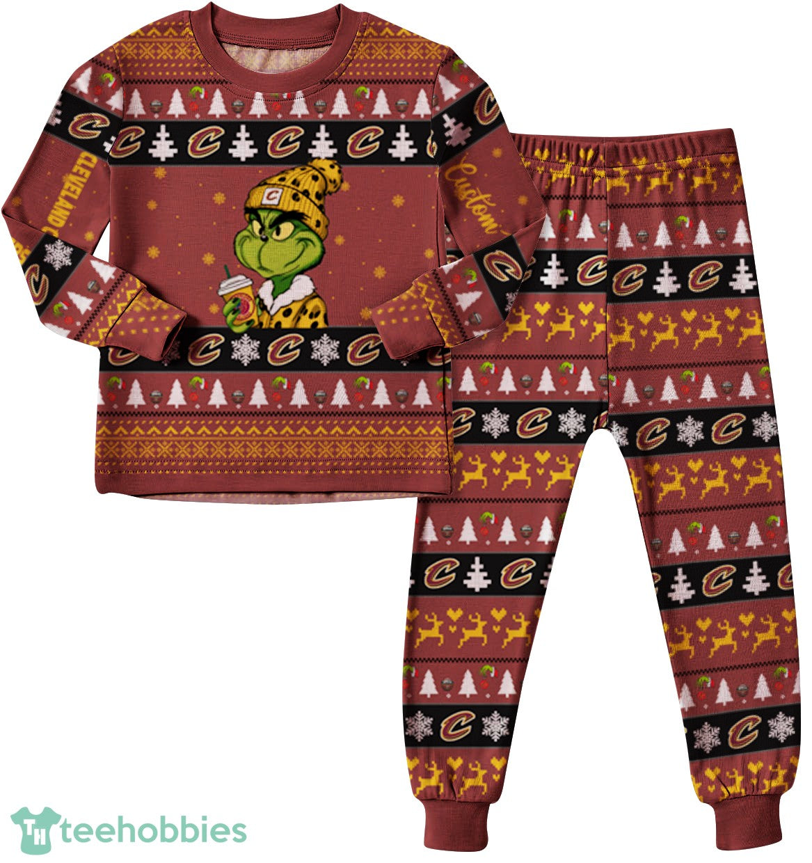 NBA Grinch Cleveland Cavaliers Custom Name Christmas Knitting Pattern Matching Family Pajamas Set
