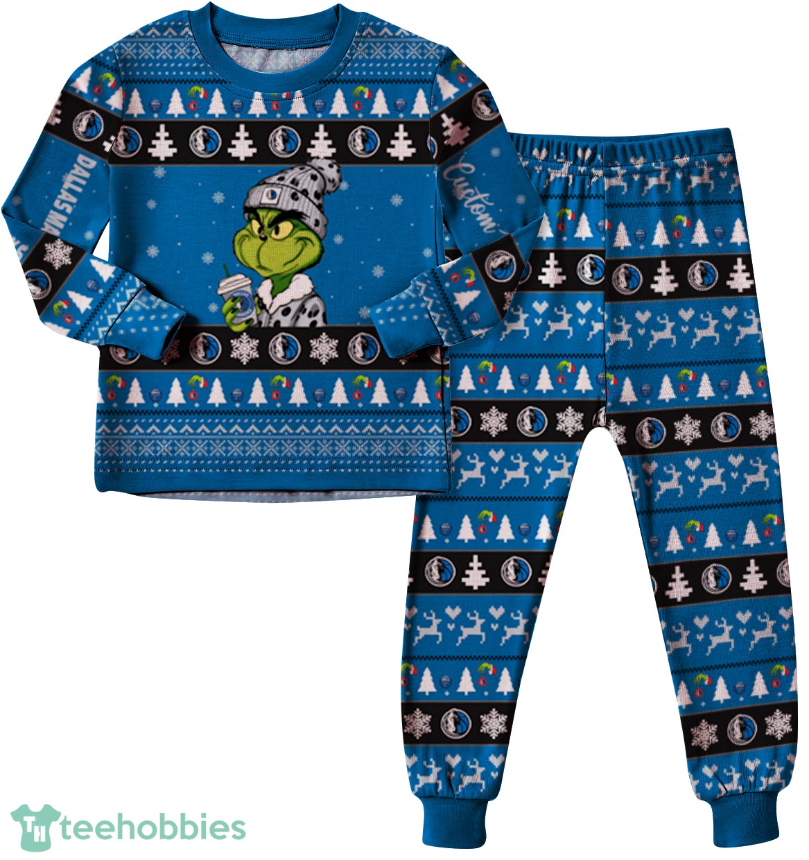 NBA Grinch Dallas Mavericks Custom Name Christmas Knitting Pattern Matching Family Pajamas Set
