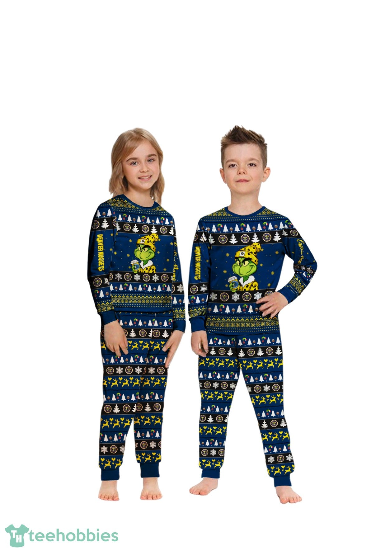 NBA Grinch Denver Nuggets Custom Name Christmas Knitting Pattern Matching Family Pajamas Set