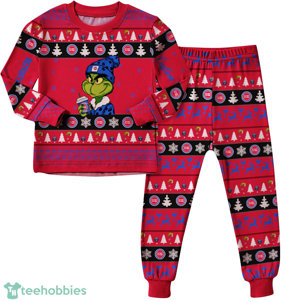 NBA Grinch Detroit Pistons Custom Name Christmas Knitting Pattern Matching Family Pajamas Set