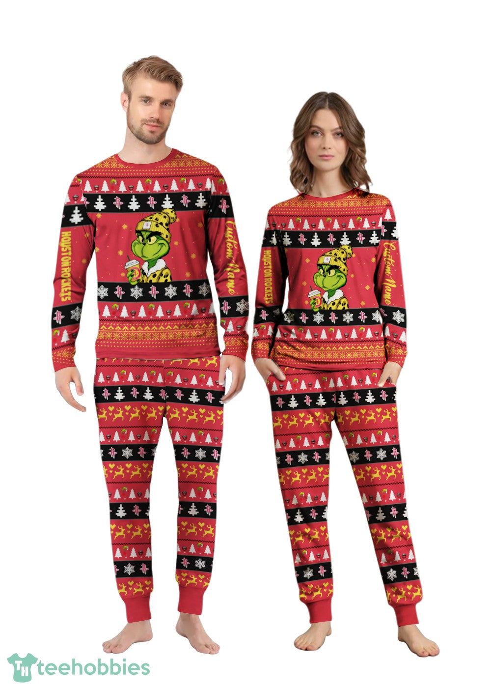 NBA Grinch Houston Rockets Custom Name Christmas Knitting Pattern Matching Family Pajamas Set