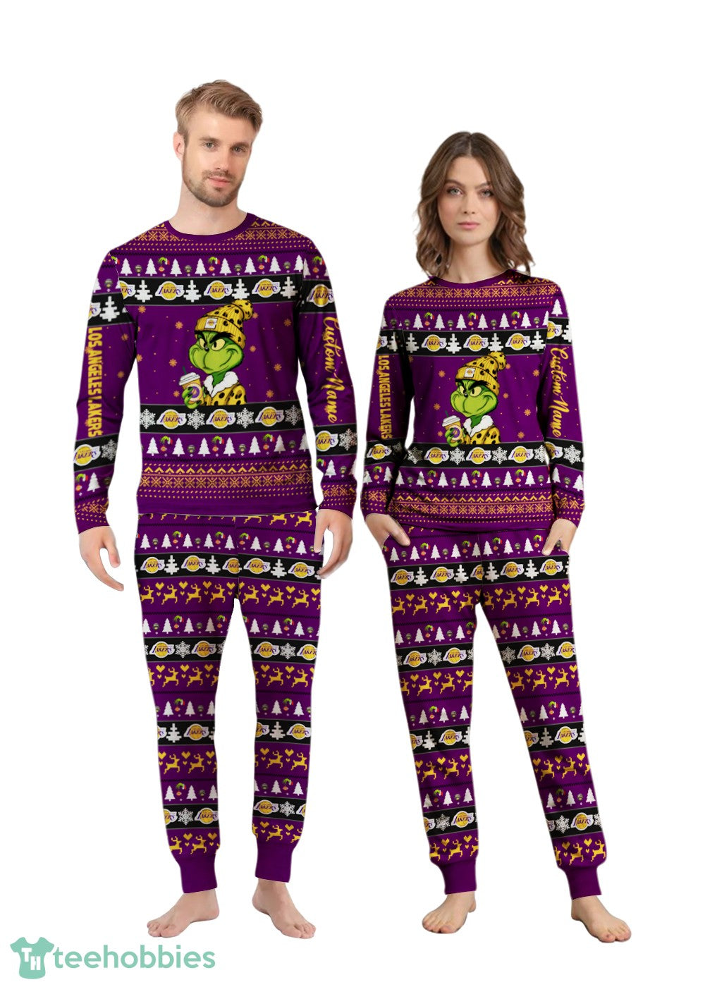 NBA Grinch Los Angeles Lakers Custom Name Christmas Knitting Pattern Matching Family Pajamas Set