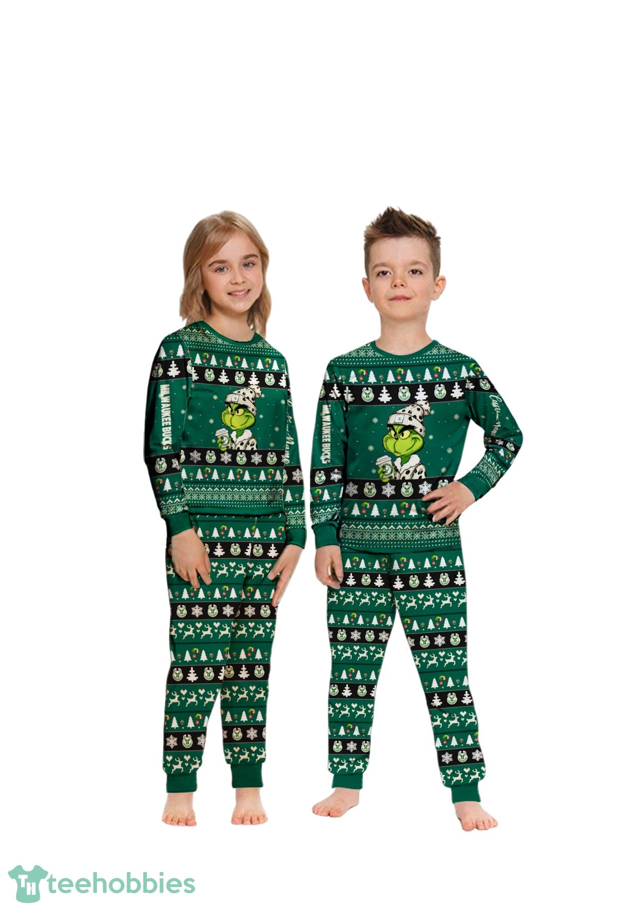 NBA Grinch Milwaukee Bucks Custom Name Christmas Knitting Pattern Matching Family Pajamas Set