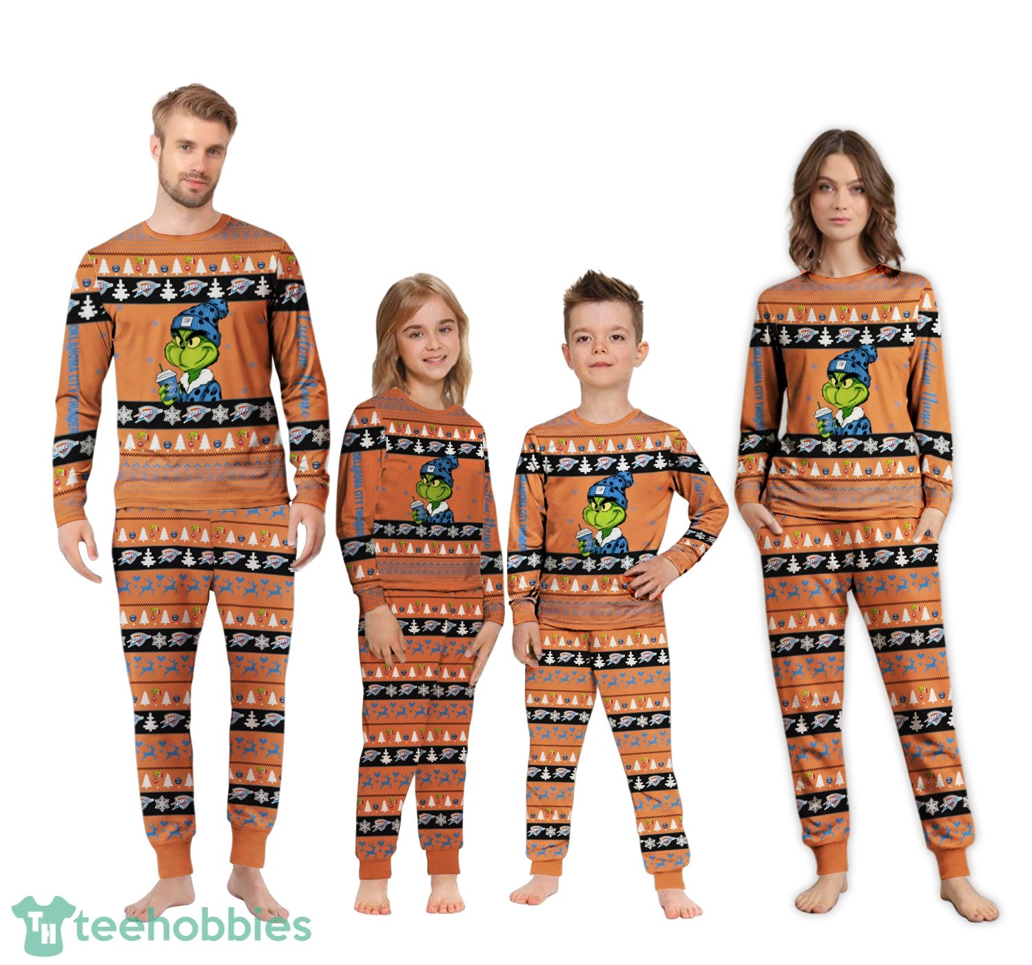 NBA Grinch Oklahoma City Thunder Custom Name Christmas Knitting Pattern Matching Family Pajamas Set