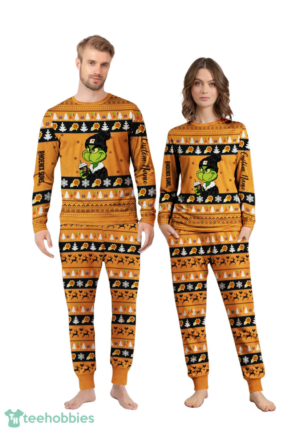 NBA Grinch Phoenix Suns Custom Name Christmas Knitting Pattern Matching Family Pajamas Set