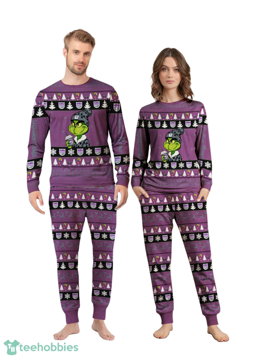 NBA Grinch Sacramento Kings Custom Name Christmas Knitting Pattern Matching Family Pajamas Set