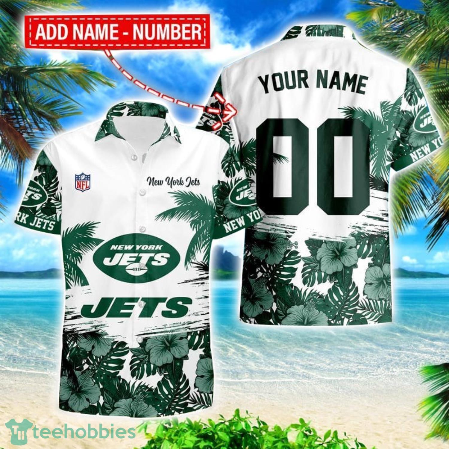 New York Jets Hibiscus Flower Hawaii Shirt and Shorts Summer Beach Shirt Custom Name And Number