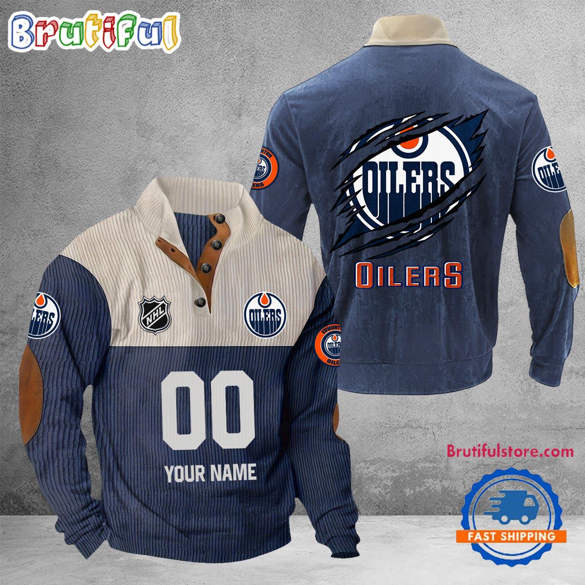 Edmonton Hockey Team Corduroy Stand Collar Sweatshirt with Custom Name and Number