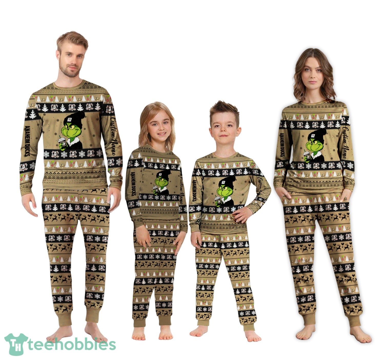 NHL Grinch Anaheim Ducks Custom Name Christmas Knitting Pattern Matching Family Pajamas Set
