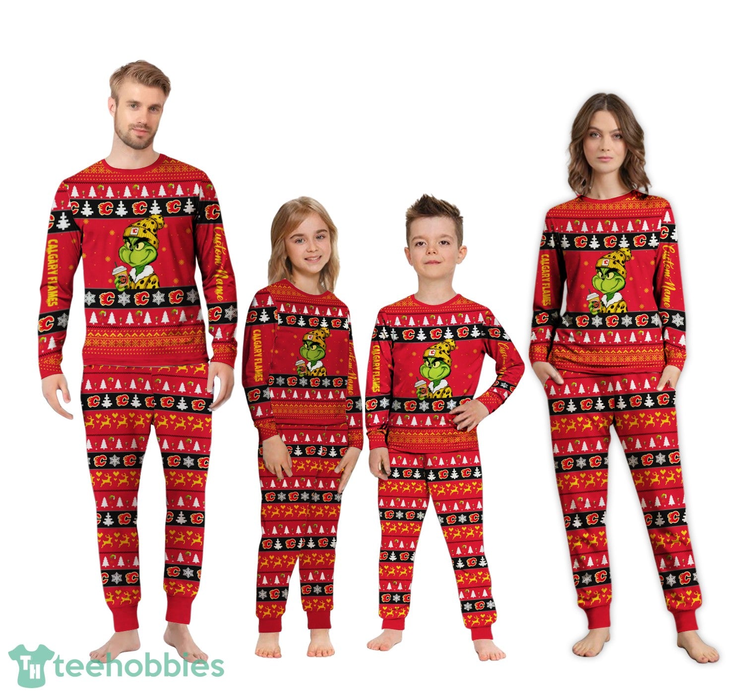 NHL Grinch Calgary Flames Custom Name Christmas Knitting Pattern Matching Family Pajamas Set