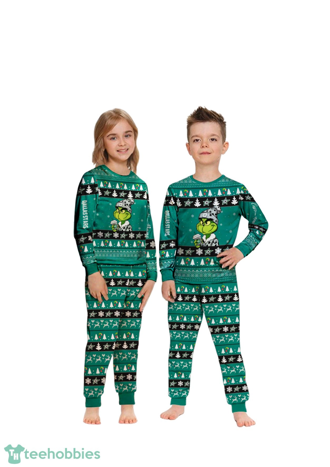 NHL Grinch Dallas Stars Custom Name Christmas Knitting Pattern Matching Family Pajamas Set