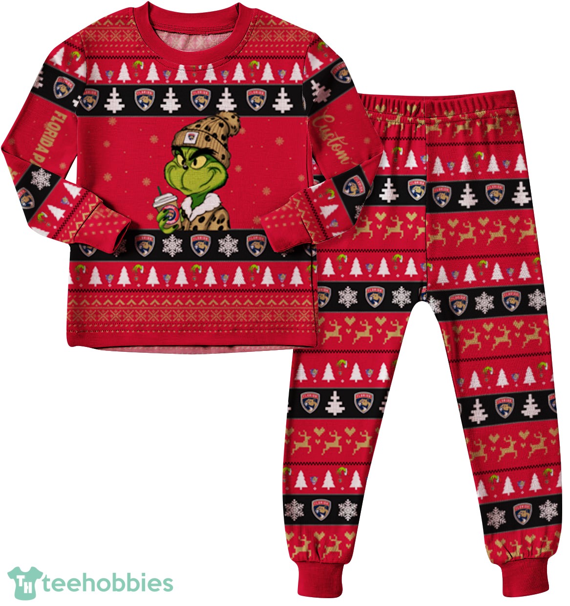 NHL Grinch Florida Panthers Custom Name Christmas Knitting Pattern Matching Family Pajamas Set