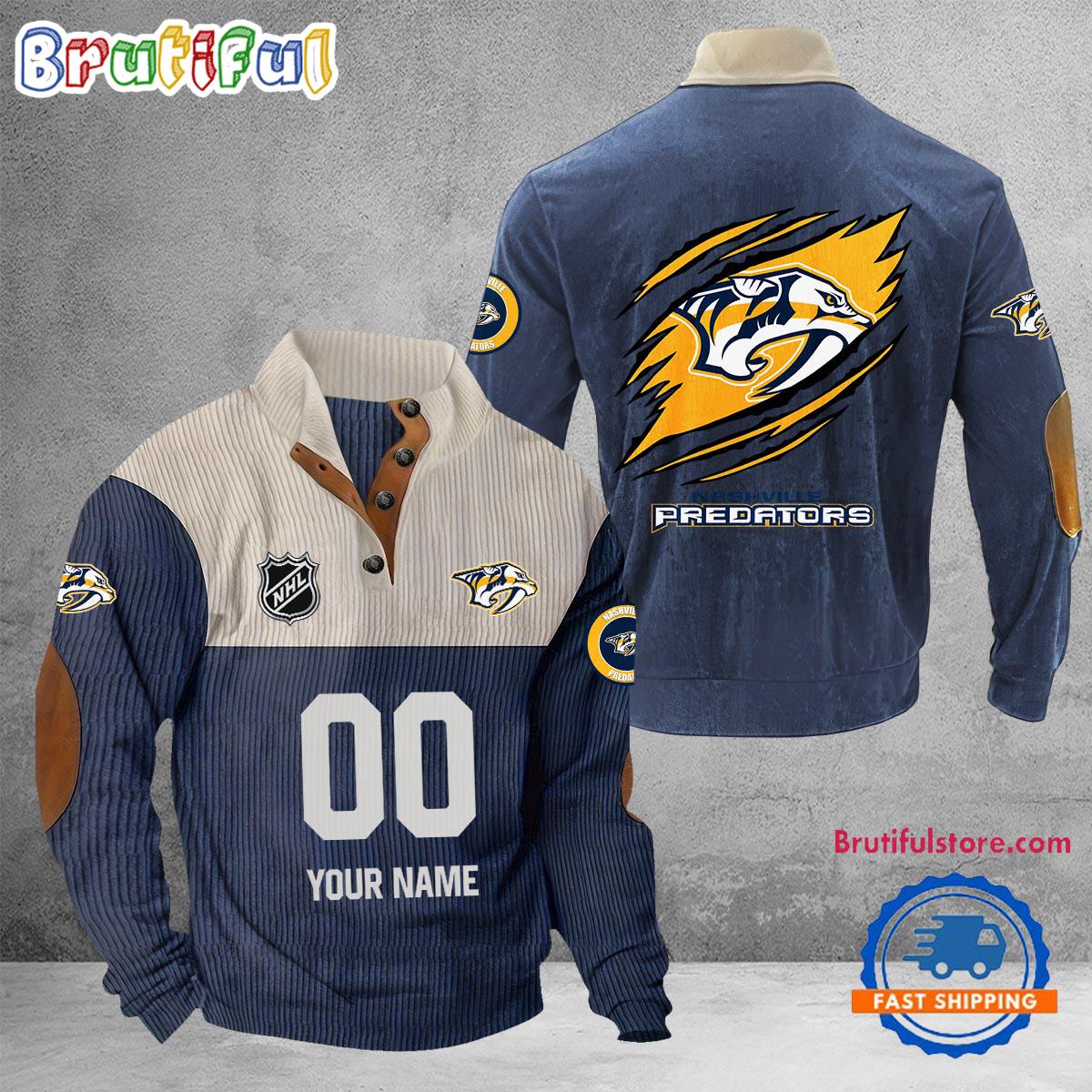 Nashviille Predators Hockey Team Corduroy Stand Collar Sweatshirt with Custom Name and Number