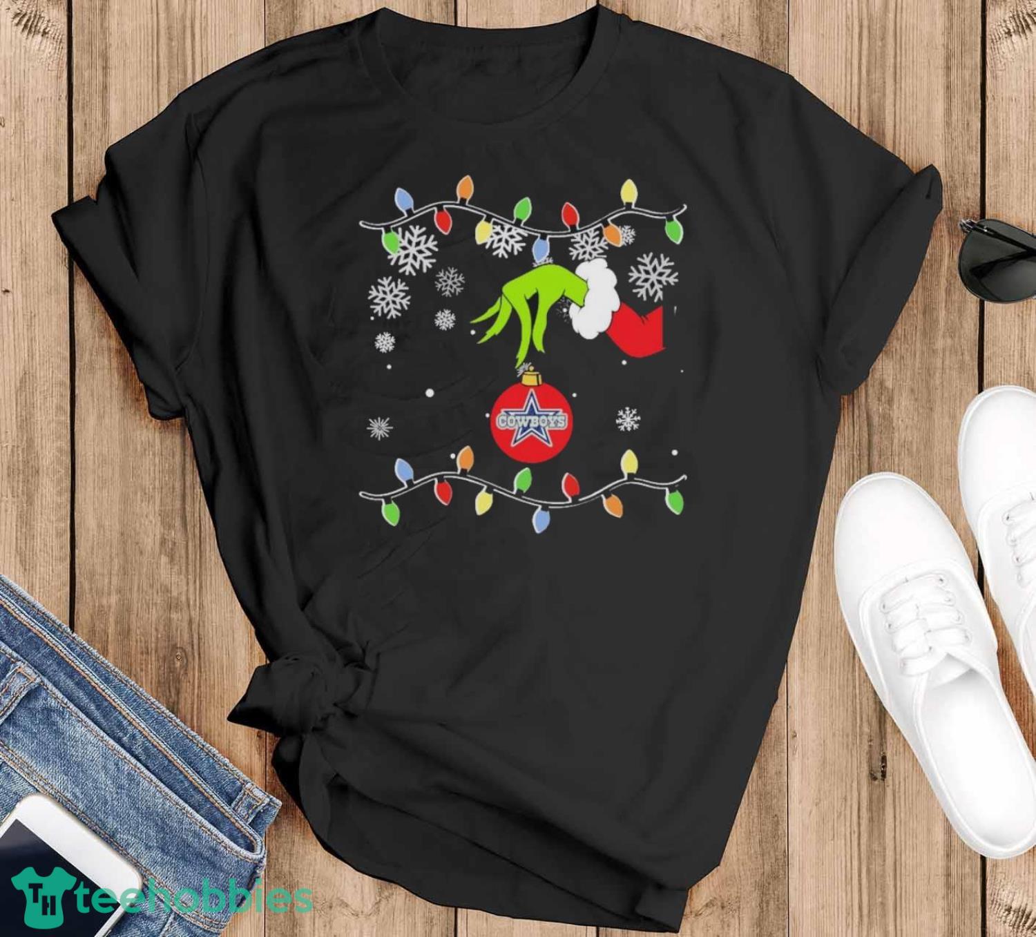 Grinch Hand Holding Ornament Dallas Cowboys Christmas Light Shirt