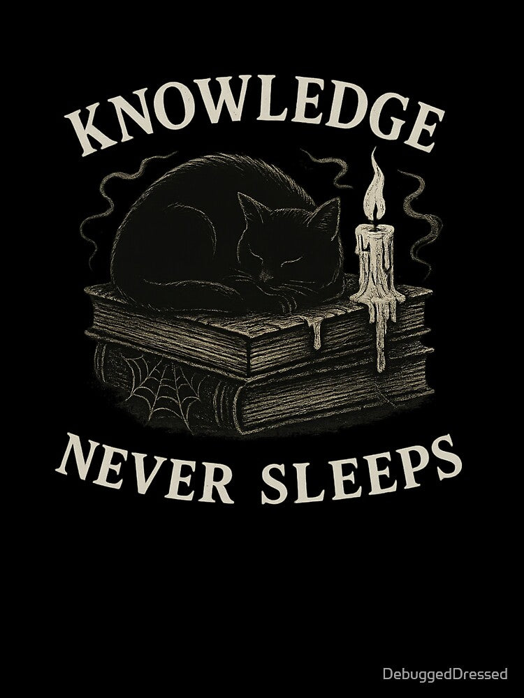 Haunted Library Cat – Knowledge Never Sleeps – Dark Academia Halloween Design by DebuggedDressed