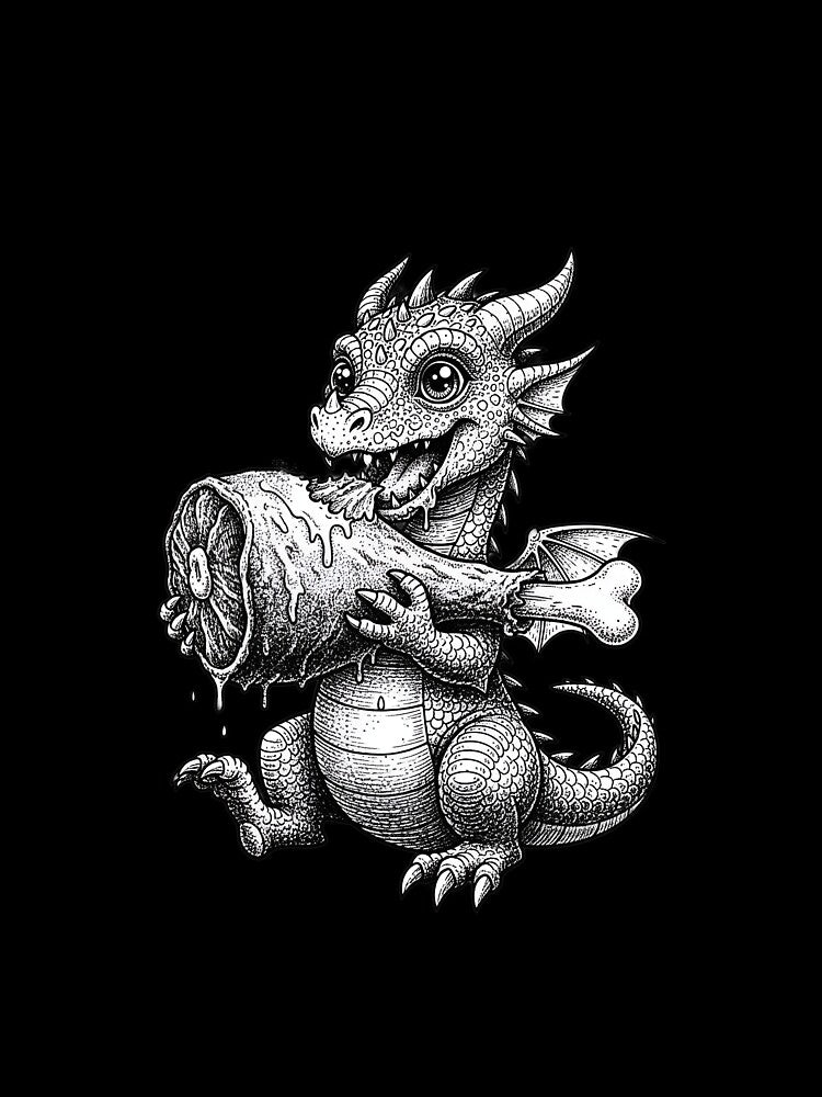 Hungry Baby Dragon Eating Giant Meat | Cute Fantasy Dragon Creature by DragonSerpent Ink