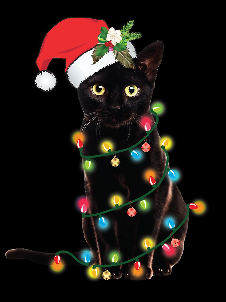 Santa Black Cat Tangled Up In Christmas Tree Lights Holiday by tronictees