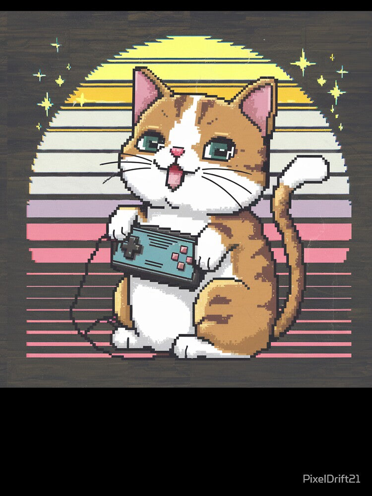 Retro Gaming Cat Cute Pixel Sunset Art by PixelDrift21