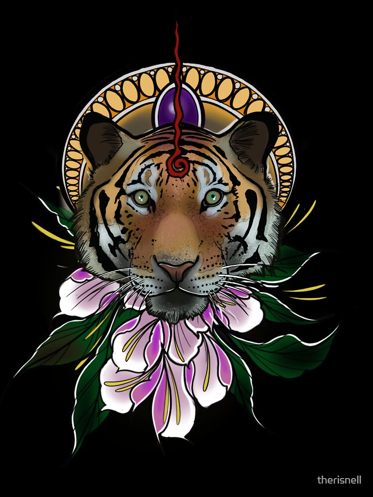 Hindu Tiger Face with Lotus – Sacred Animal Tattoo Art by therisnell