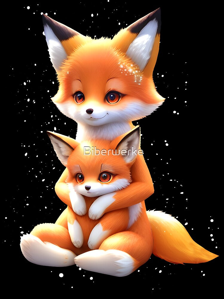 Mama fox hugs her cub by Biberwerke