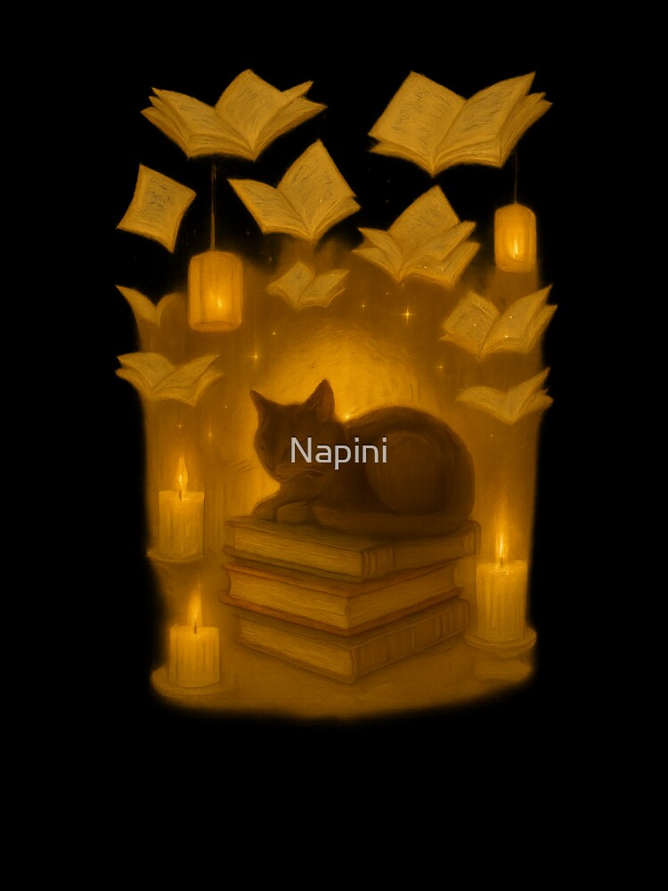 Library Cat & Floating Books – Cozy Bookish Magic by Napini
