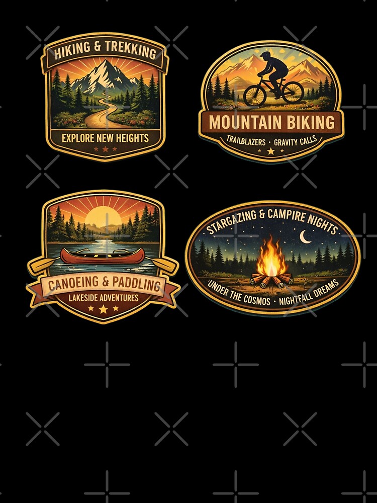 Vintage Outdoor Adventure Badges - Hiking, Mountain Biking, Canoeing, and Stargazing Retro Designs by SasquatchTrail