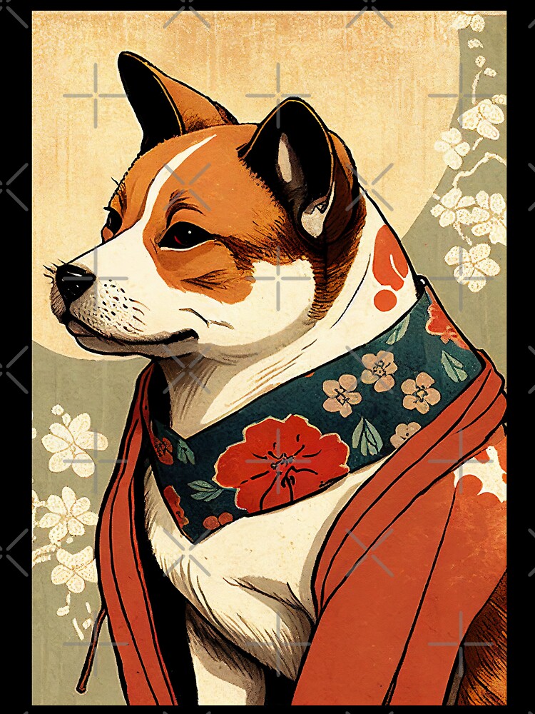 Brown and White dog with red robe - Japanese style by KoolArtDistrict