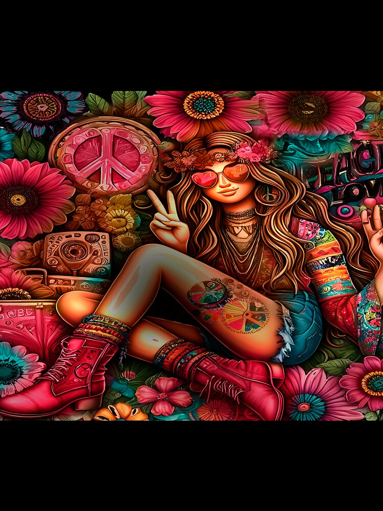 Psychedelic Hippie Girl with Peace and Flowers by Groovy Looks