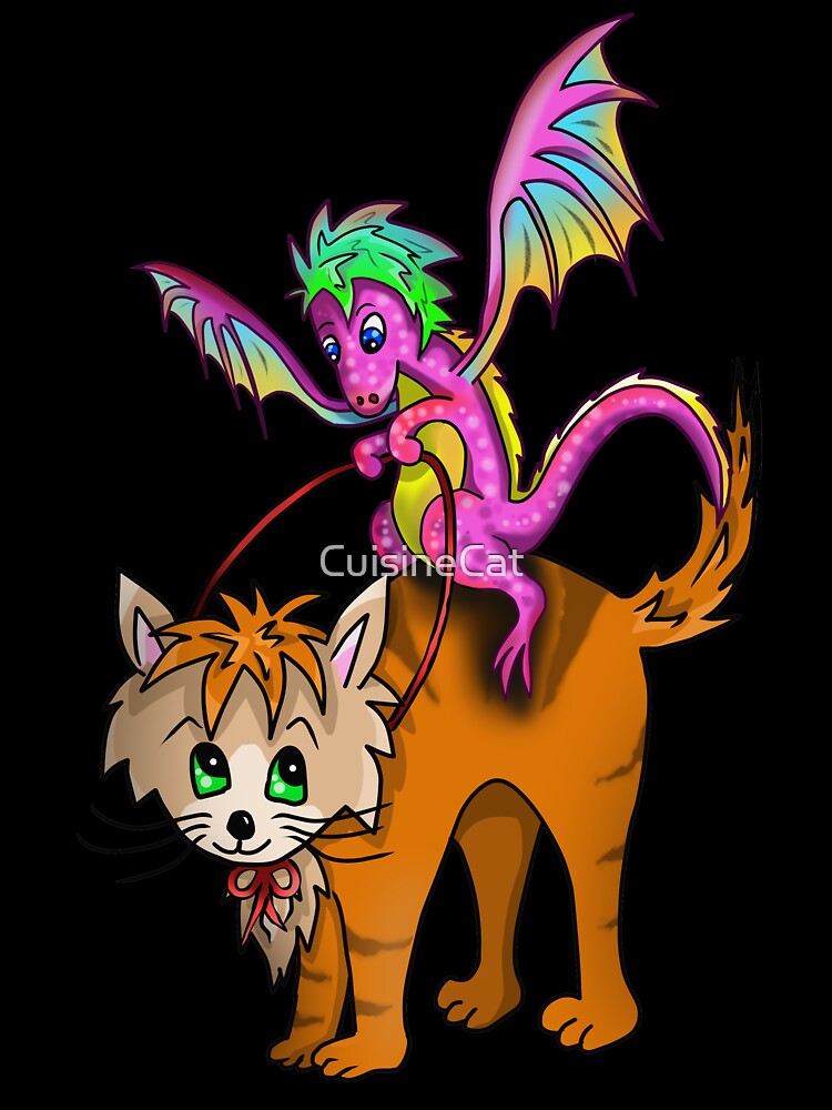 Baby dragon riding a ginger cat by CuisineCat