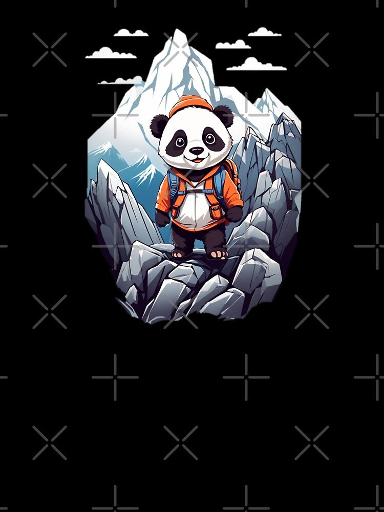 Sweet smiling young panda hiking in the mountains cartoon comic graphic for kids by CedricNorbinho