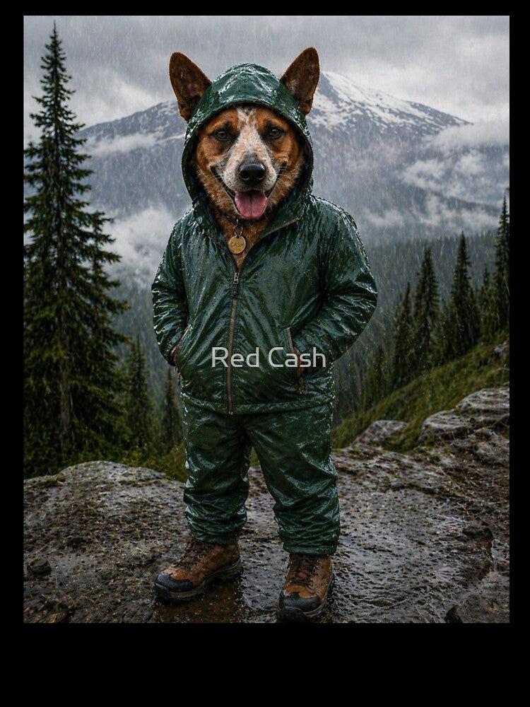 Cash the Rain Dog – Mountain Adventure Dog in Rain Gear | Hiking Dog Art | Pacific Northwest Rainier Dog Illustration by Red Cash