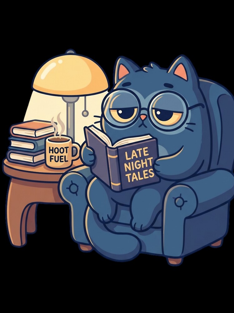 Night Owl Cat Reading Art - Dark Academia Midnight Scholar - Cozy Late Night Coffee & Books Illustration by HappySproutArt