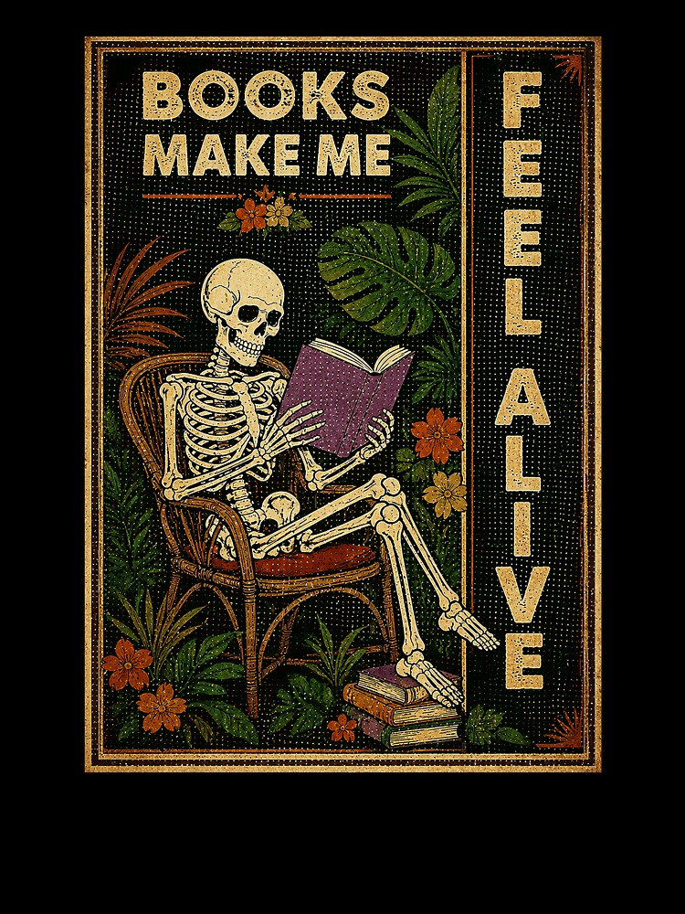 Books Make Me Feel Alive Skeleton Reading Vintage Gothic Poster by ferminhays