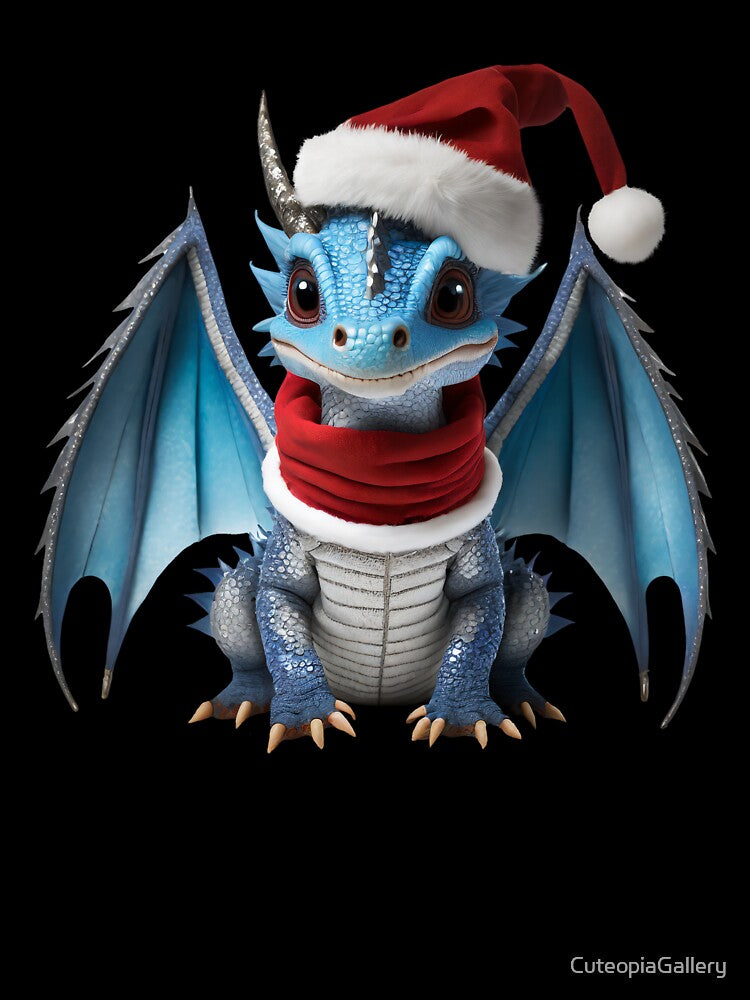 Realistic Artwork of a Cute Blue Baby Dragon Wearing a Red Festive Christmas Hat and Scarf by CuteopiaGallery