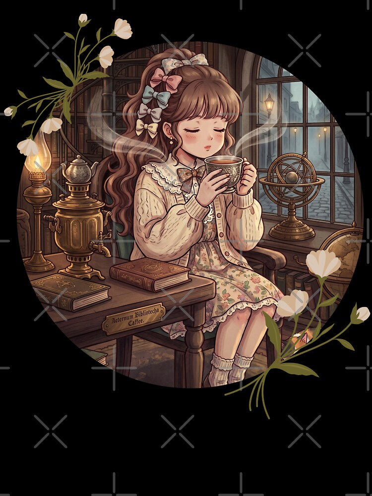 Vintage Anime Girl Tea Time Dark Academia Aesthetic Gift for Book Lovers by Im-Ara