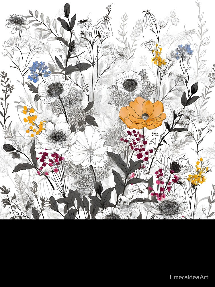 Meadow Botanical Lineart – White, Yellow, and Light Blue Flowers by EmeraldeaArt