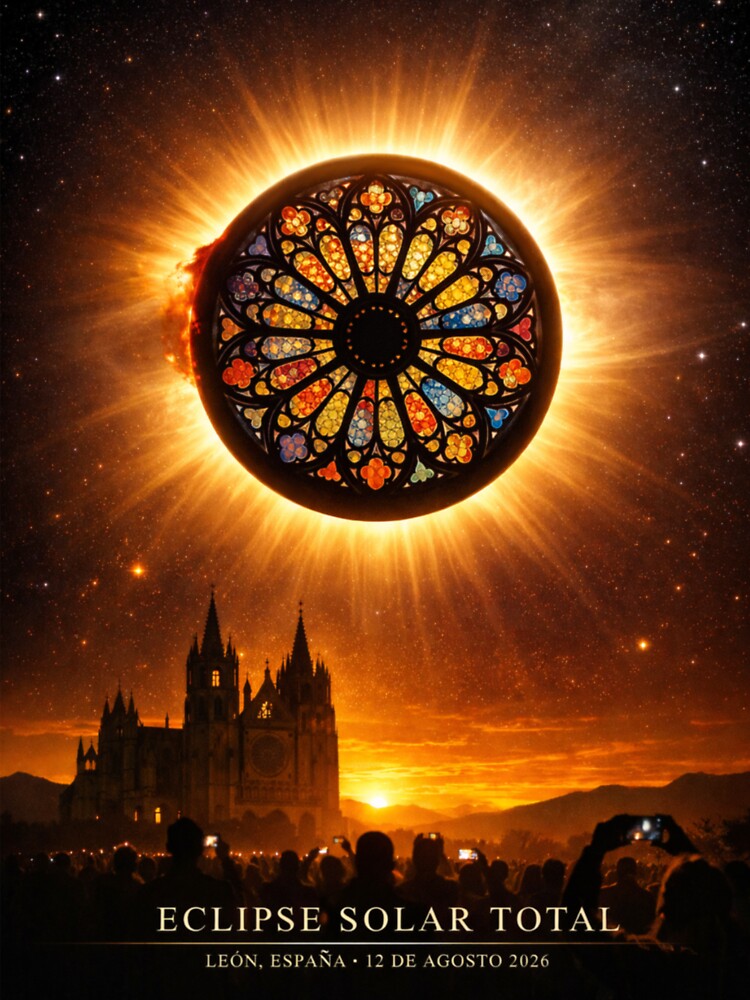 Total Solar Eclipse León Spain 2026 – Cathedral Stained Glass Poster by LaPolilladPapel