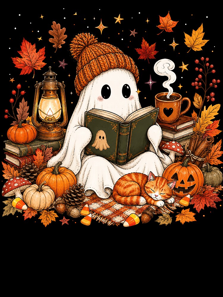 Cute Ghost Reading Book Autumn Halloween cozy by varin-studio