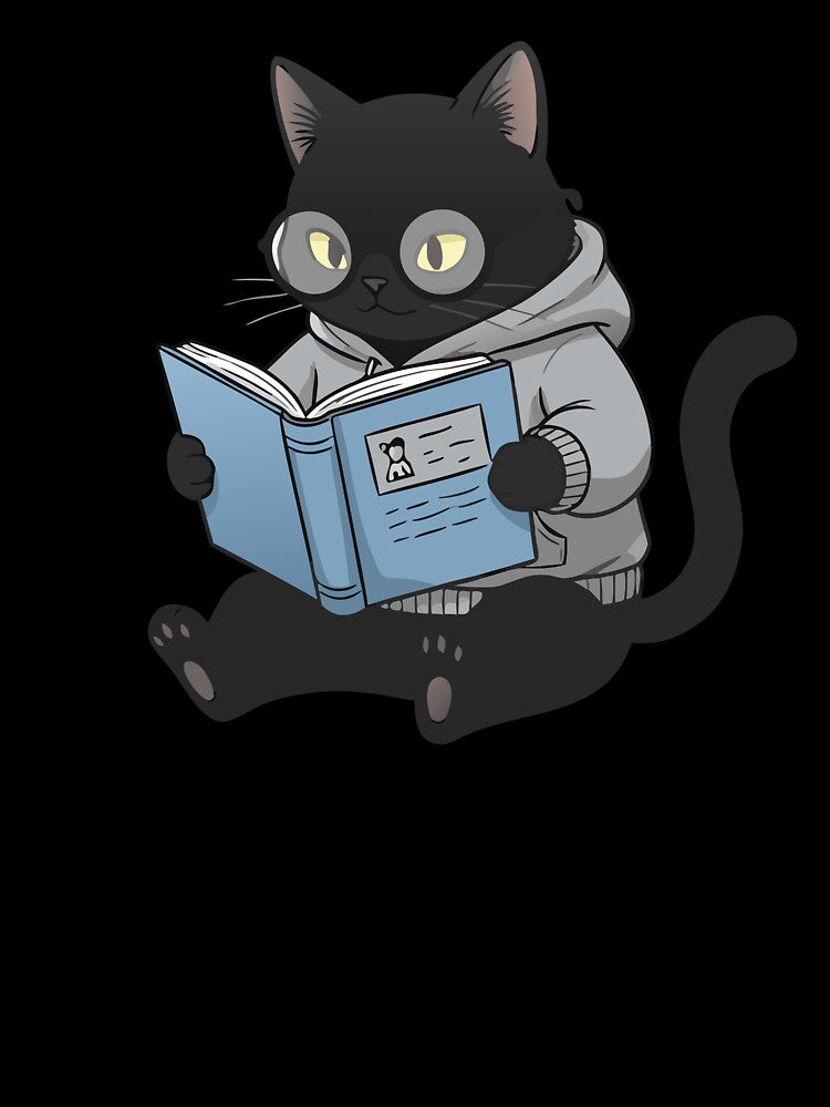 Cozy Nerd Black Cat in Hoodie Reading a Book by Cipher & Soul