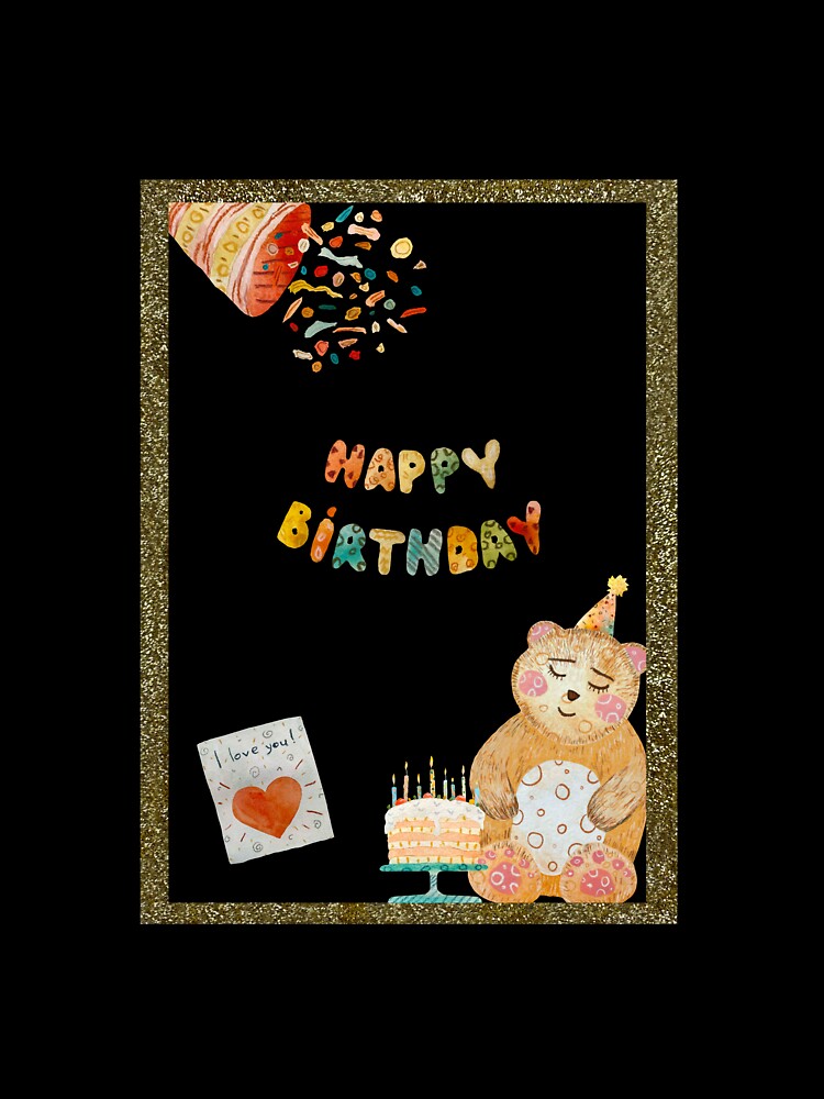 Frame gold bear birthday letters watercolor sketch black by Yana Mustafina | Boho Soulful Designs