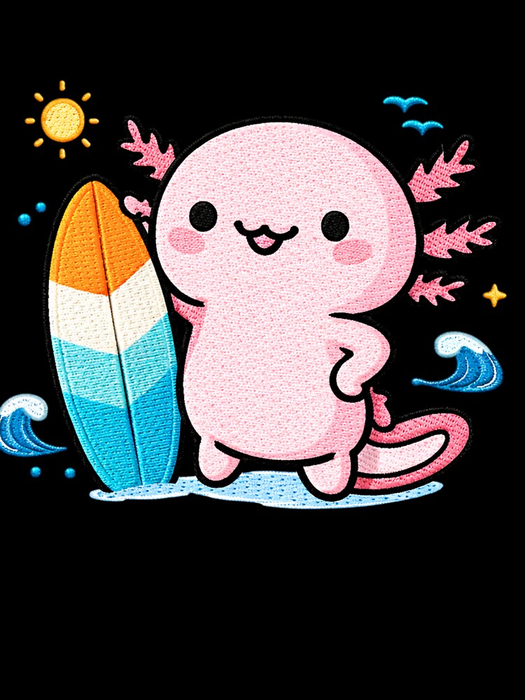 Surfboard Axolotl – Cute Kawaii Summer Surfing Axolotl Embroidery Style by ColorSplash123