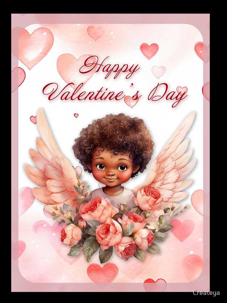 African American Angel Valentine card with baby angel Cupid with wings St Valentine's Day postcard Watercolor by Createya