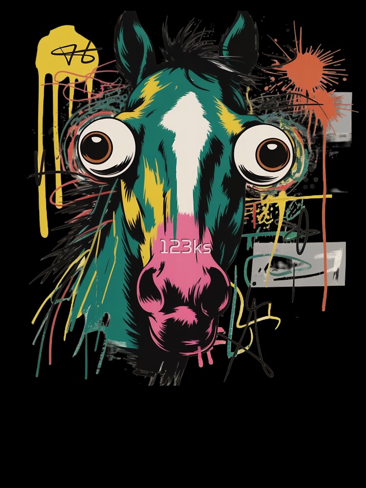 Chaotic neo-expressionist portrait of a horse head, close-up, staring straight with huge wide surprised eyes by 123ks