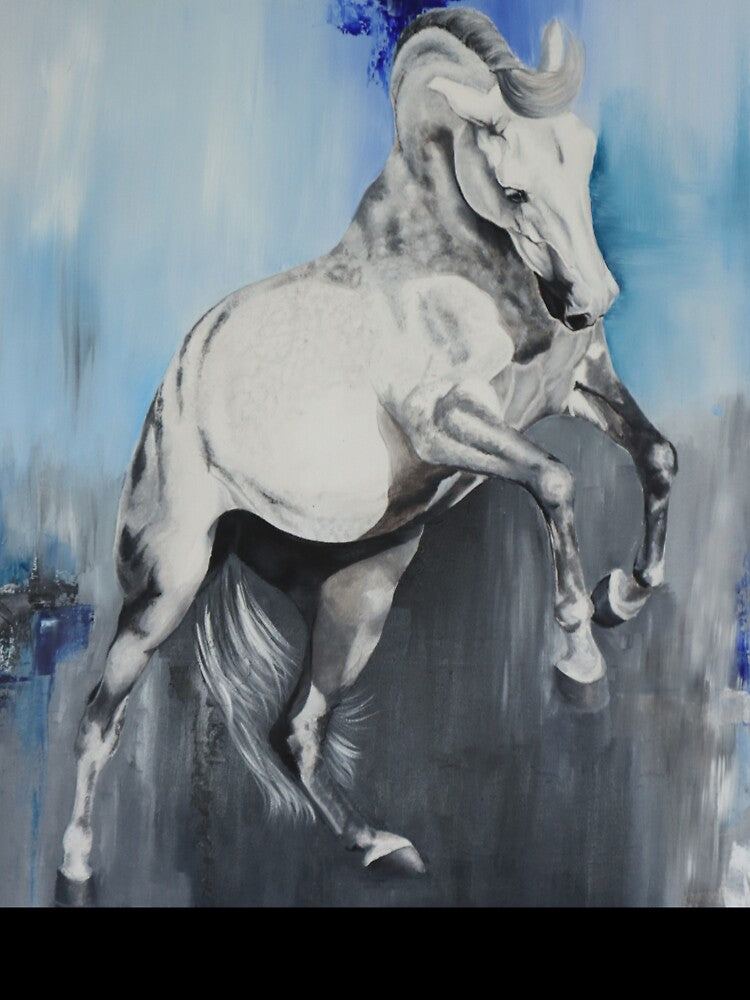 Horse Dressage Horse. White Stallion Rearing Against An Abstract Background by Kathysartroom