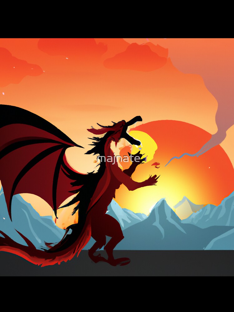 Dragon's Blaze: a fierce dragon breathing fire on the backdrop of snowcapped mountains with a setting sun by majnate