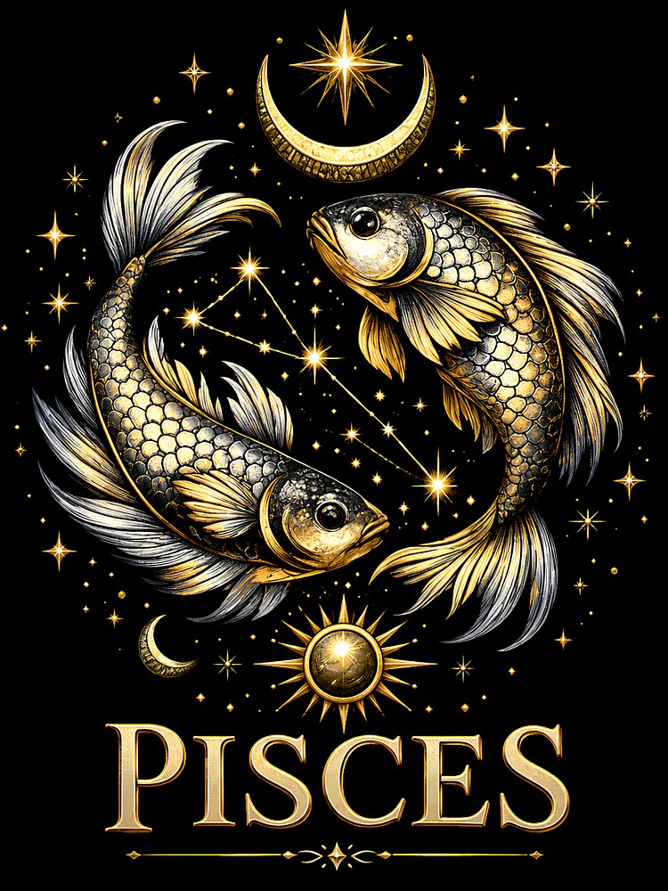 Pisces Zodiac Sign | Celestial Gold Fish Astrology Design by CalmMandala