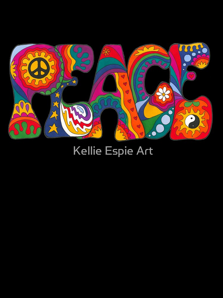 Psychedelic Peace Word Art Light Green – Retro Hippie Rainbow Groovy Peace Design by Kellie Espie Art