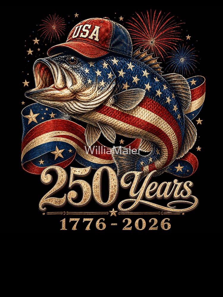 USA 250 Years 1776 2026 American Flag Bass Fishing Fourth Of July by WilliaMaler