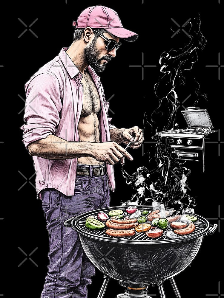 Gay Dad Grilling In The Garden - B&W Image by Museum Of Non-Existing Art